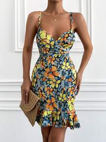 EURMUSE Women's Spaghetti Strap Backless Sleeveless Allover Allover Print Ruched Fitted Dress - Multicolor - View 6