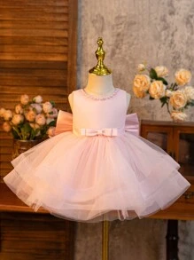 Glamorique Kids Flower Girl, Baby Girl Princess Dress, Bow, Pink Dress, Double Layered Shaping Mesh Dress With Hem, Pink Pearl, Making People Confident And Proud, Suitable For Formal Occasions, Vacation, Partywear ,Valentine's Day,Birthday Dress, New Year's Day, Birthday Party, Wedding Festival Dress, Gorgeous Dress, Middle East, Europe And America - Pink - View 5