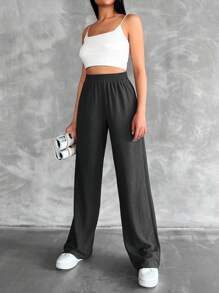 SHEIN Tall Quần ống đứng lưng thun cotton size cao - Xám - Xem 5