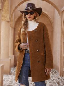 SHEIN Privé Teddy Double-Breasted Round Neck Pocket Mid-Length Coat Fall Cloth For Women - Coffee Brown - View 4