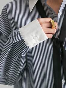 Ontre 蓝色条纹拼布超大长款休闲工作衬衫宽松衬衫 - 彩色 - 查看 4