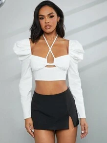SHEIN Unity Women's Solid Color Cross Neck Bell Sleeve Cropped Shirt, Spring & Summer - White - View 3
