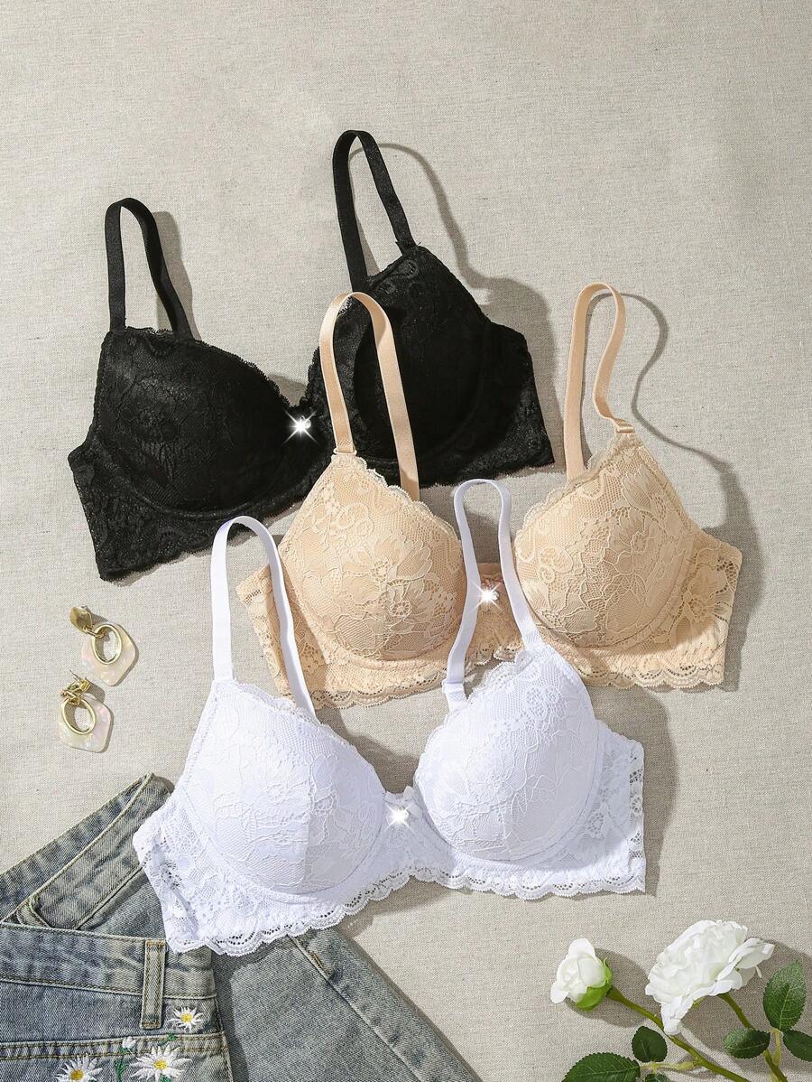 3 件套女士浪漫蕾丝垫无钢圈简约胸罩套装 - 彩色 - 查看 1