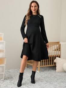 SHEIN Váy bầu tay dài dệt kim màu trơn cho bà bầu, mùa thu/đông - màu đen - Xem 3