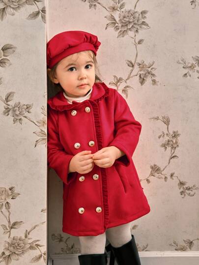 SHEIN Baby Girl Solid Color Double-Breasted Ruffled Long Sleeve Jacket With Hat