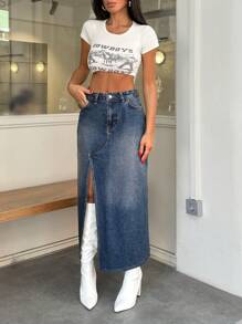 SHEIN Cottnline MID LENGHT DENIM SKIRT ASYMMETRICAL SLIT DETAIL - Dark Wash - View 5