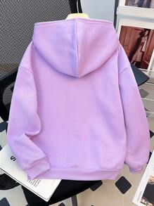 SHEIN Leap Crew Sudadera con capucha de manga larga, estilo casual y holgado, con estampado de cara de dibujos animados, adecuada para otoño/invierno, para niñas preadolescentes - Púrpura malva - Ver 2
