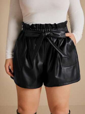 Elaquor Plus Size Women Solid Color Waist Knotted PU Leather Pockets Loose Shorts