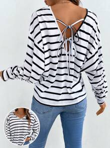 Chiquease Áo thun sọc cổ chữ V thả vai rộng rãi cho nữ, mùa xuân và mùa hè - trắng - Xem 6