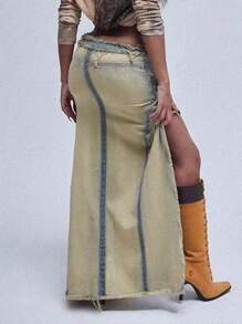 Y2K复古水洗毛边不对称下摆性感牛仔裙，音乐节休闲装 - 藍色 - 查看 2