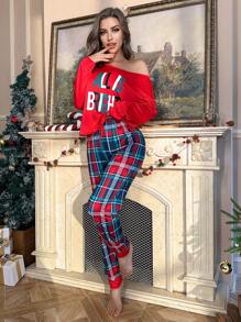 2pcs Women's Letter Print Top And Plaid Loungewear Pants Set, - Multicolor - View 5