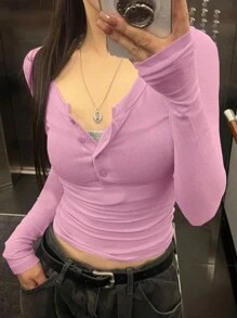 DAZY Áo thun dài tay đơn giản màu trơn dành cho nữ - Hồng - Xem 1