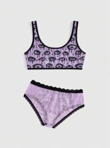 ROMWE Goth Bộ áo ngực và quần lót không dây in hình mắt khóc kinh dị Nightmare - Màu tím - Xem 2