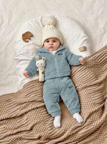 SHEIN 新生男婴/女婴可爱刺绣字母图案连帽夹克和裤子套装，秋冬