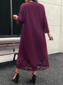 SHEIN LUNE Shell Trim Floral Embroidered Long Sleeve Midi Dress Plus Size Winter Clothes