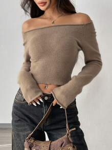 SHEIN Unity Casual Off-Shoulder Sweater, Long Sleeve Tops, Knit Pullover Fall Winter - Camel - View 1