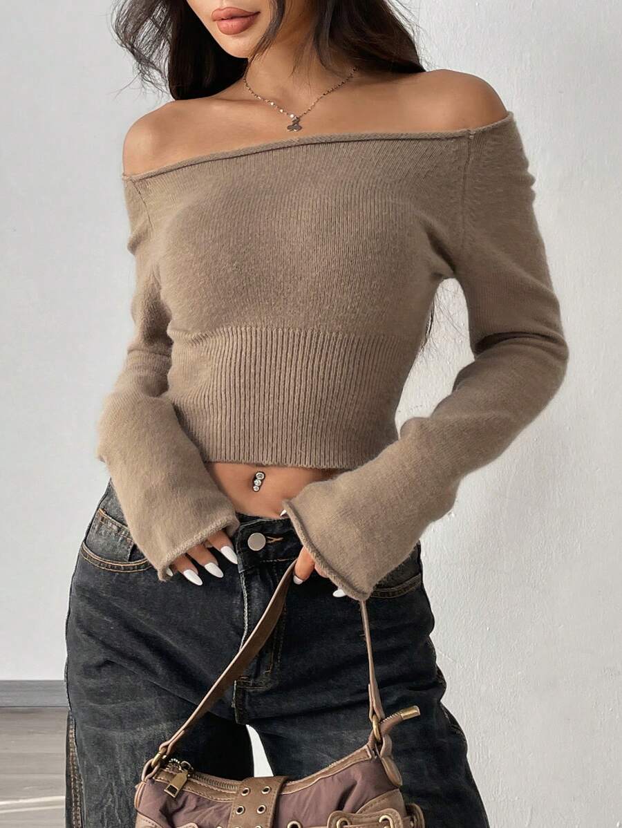 SHEIN Unity Casual Off-Shoulder Sweater, Long Sleeve Tops, Knit Pullover Fall Winter - Camel - View 1