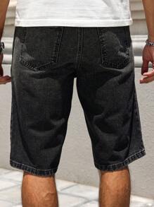 Manfinity LEGND Men's Button Waistband Distressed Design Casual Denim Shorts - Black - View 2