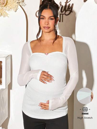 Loomaby 孕妇方领网眼撞色纯色长袖 T 恤，适合婴儿洗礼派对