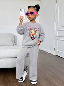 SHEIN Leap Crew 女童休闲针织印花卫衣裤套装（2件套），适合秋冬季节，灰色 - 灰色 - 查看 1