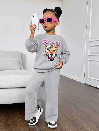 SHEIN Leap Crew 女童休闲针织印花卫衣裤套装（2件套），适合秋冬季节，灰色