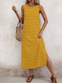 EMERY ROSE Váy vest nữ cổ tròn sọc dài mùa hè - Màu vàng - Xem 1
