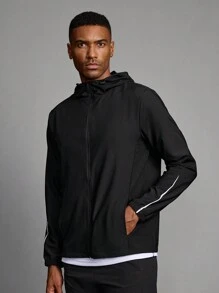 Manfinity Running 男友风格男士纯色长袖拉链连帽运动夹克，4 季 - 黑色 - 查看 7