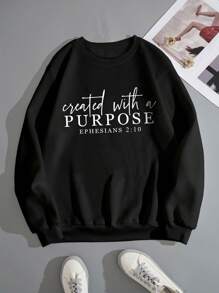 女士连帽衫时尚休闲落肩圆领连帽衫学院风彩色字母印花秋冬季保暖运动长袖上衣 - 黑色 - 查看 4