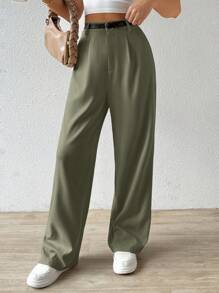 SHEIN EZwear Quần ống đứng thường ngày cho nữ có thắt lưng, thời trang đường phố - màu xanh lá - Xem 6