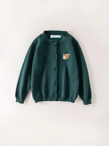 PrepCrw 年轻女孩秋冬学院风绿色单排扣宽松刺绣松鼠长袖开衫返校 - 綠色 - 查看 1