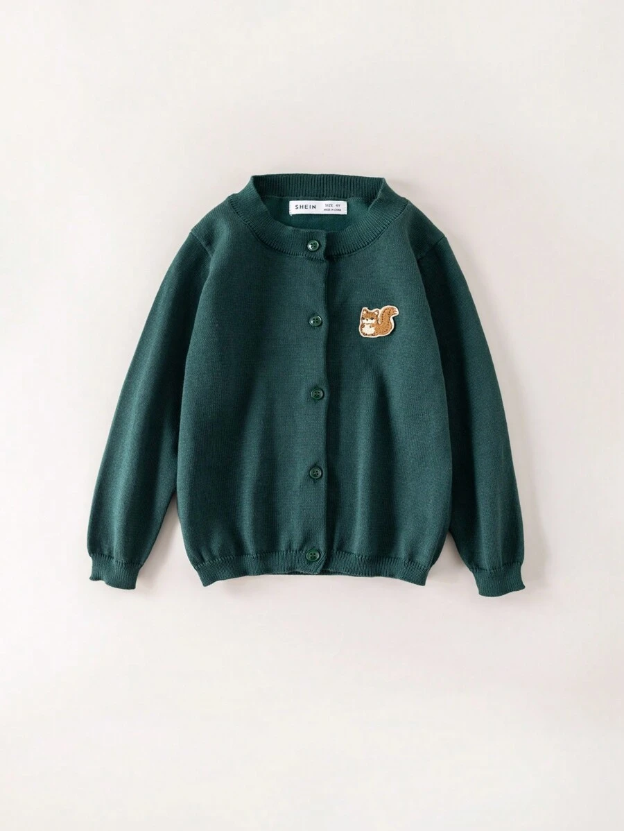 PrepCrw 年轻女孩秋冬学院风绿色单排扣宽松刺绣松鼠长袖开衫返校 - 綠色 - 查看 1