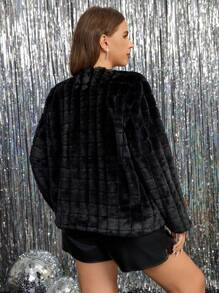 SHEIN Clasi Chaqueta de invierno abrigadora, suave y esponjosa para mujer de talla grande - Negro - Ver 2