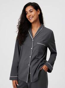 LUVLETTE 秋冬季柔软100%纯棉基本款长款披肩领睡衣套装，女士家居服套装，带口袋长裤，秋季睡衣 - 深灰色 - 查看 6