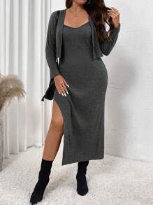 SHEIN VCAY 2 件大码长袖短款上衣和开衩下摆连衣裙套装