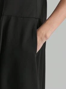 Ontre Black Spaghetti Strap Decor Elegant Pleated Dress Flowy Dress