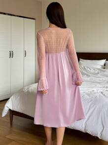 DAZY Satin & Contrast Lace Ruffle Sleeve Waist Cinched Nightgown Pajama - Dusty Pink - View 2