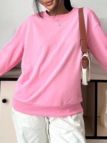 SHEIN EZwear Casual Solid Color Knitted Round Neck Loose Fit Sweatshirt For Women