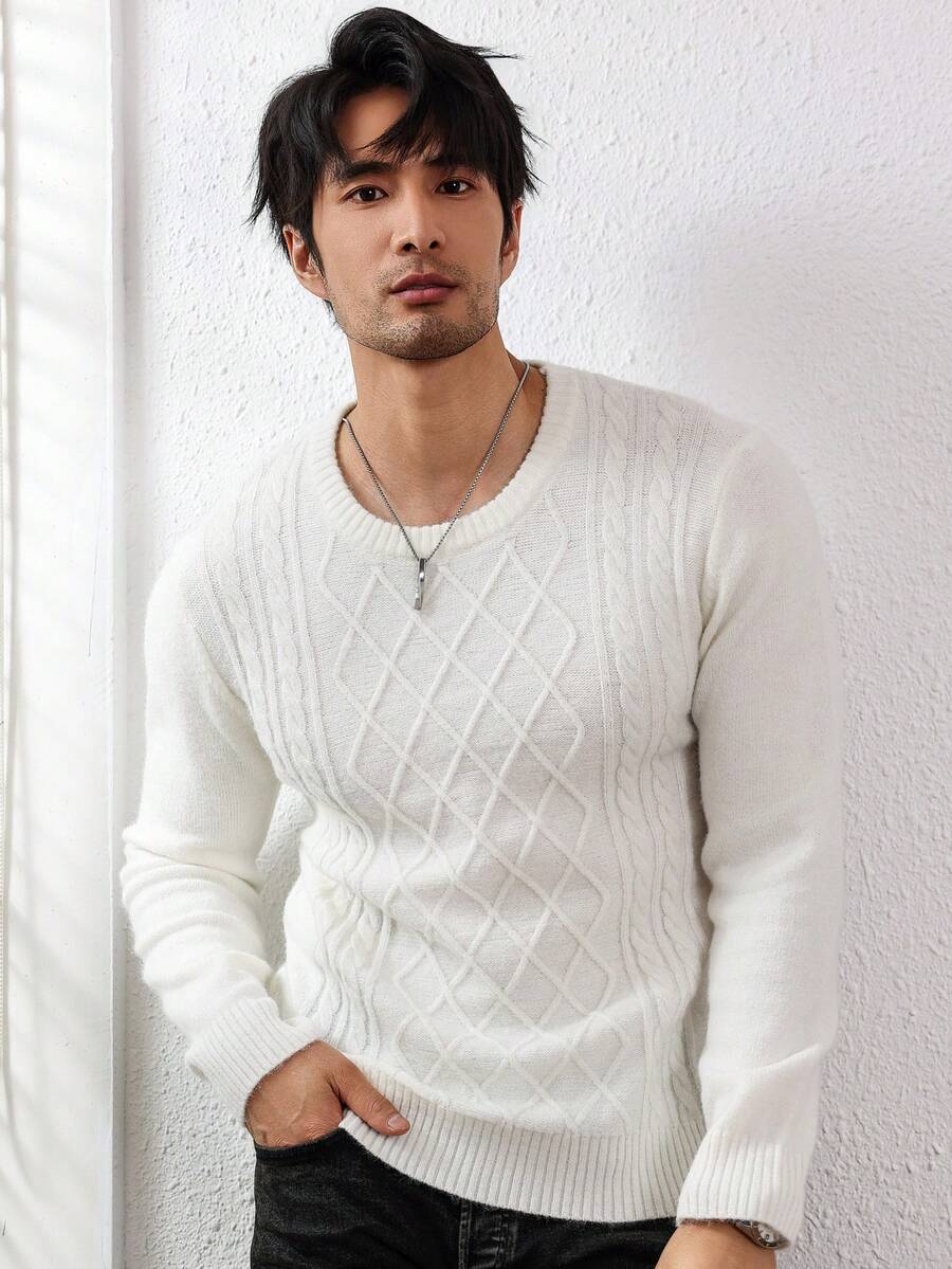 Manfinity Homme Men Solid Cable Knit Sweater - White - View 1