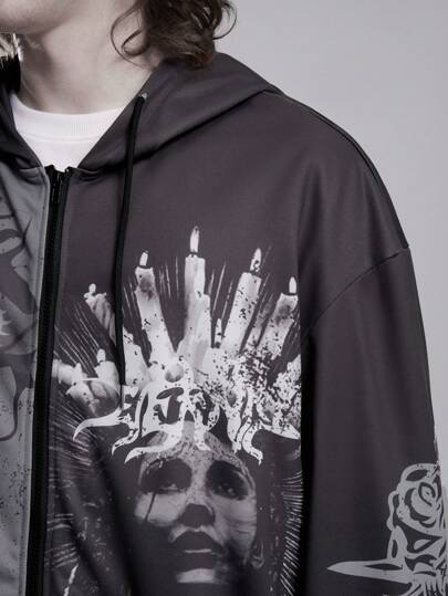 Goth Men's Printed Zipper Drawstring Casual Everyday Wear Hooded Sweatshirt