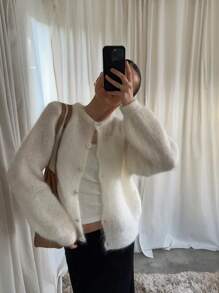 Siren Gaze 女士纯色长袖蓬松开襟毛衣 - 白色 - 查看 6