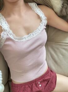 Muchica 女士方领撞色蕾丝细肩带可爱短款背心 - 粉色 - 查看 3
