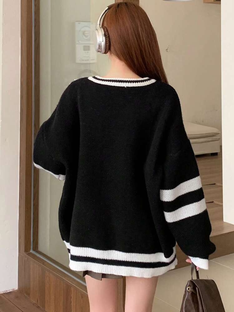 Women's Casual Colorblock Striped V-Neck Loose Pullover Sweater, Spring Autumn