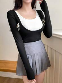 DAZY Women's 2 In 1 Contrast Color Patchwork Bow Accent Slim Fit Long Sleeve Crew Neck T-Shirt - Black - View 3