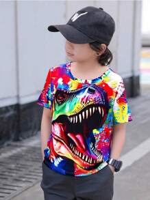 SHEIN Áo thun cổ tròn tay ngắn họa tiết khủng long dễ thương cho bé trai, áo thun mùa hè thường ngày cho Halloween, Giáng sinh, tựu trường - Nhiều màu - Xem 3