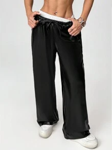 SHEIN EZwear Women's Contrast Color Lace-Up Leather Wide-Leg Casual Leather Pants