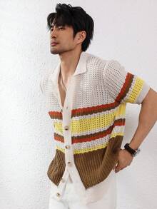 Manfinity Homme 男式前扣短袖条纹拼布休闲针织上衣 - 白色 - 查看 2