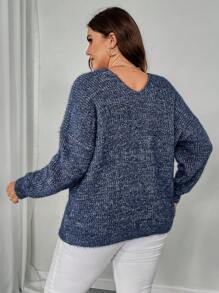 SHEIN LUNE Große Größen Damen V-Ausschnitt Drop Shoulder Locker Lässig Pullover Pullover für Herbst und Winter Strickpullover Herbst - Blau - Übersicht 5