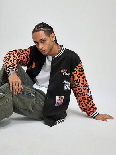 Street Life Men's Loose Fit Leopard Print Letter Casual Baseball Jacket For Autumn/Winter