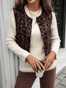 SHEIN LUNE Chaqueta corta de estilo vintage casual de moda callejera con estampado de leopardo para mujer, otoño/invierno