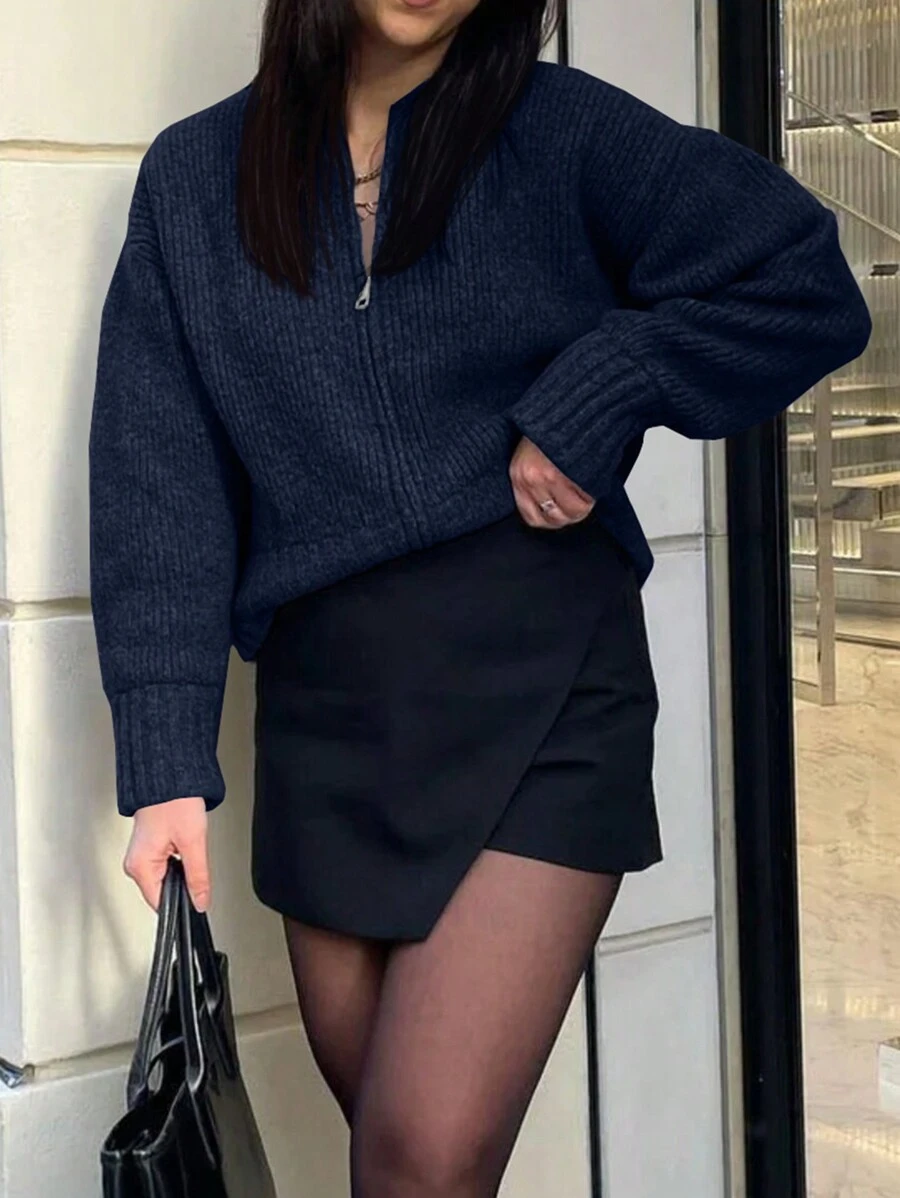 INAWLY 女士纯色前拉链长袖休闲衬衫、长袖上衣 - 寶藍色 - 查看 1